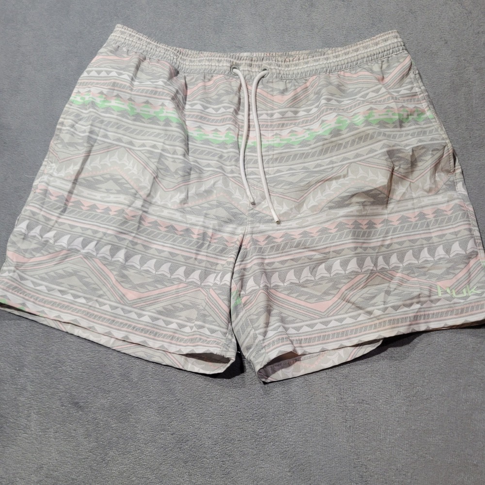 Huk‎ Swim Trunks Mens L Grey Pink Tribal Print H2000116 Fishing Board Shorts